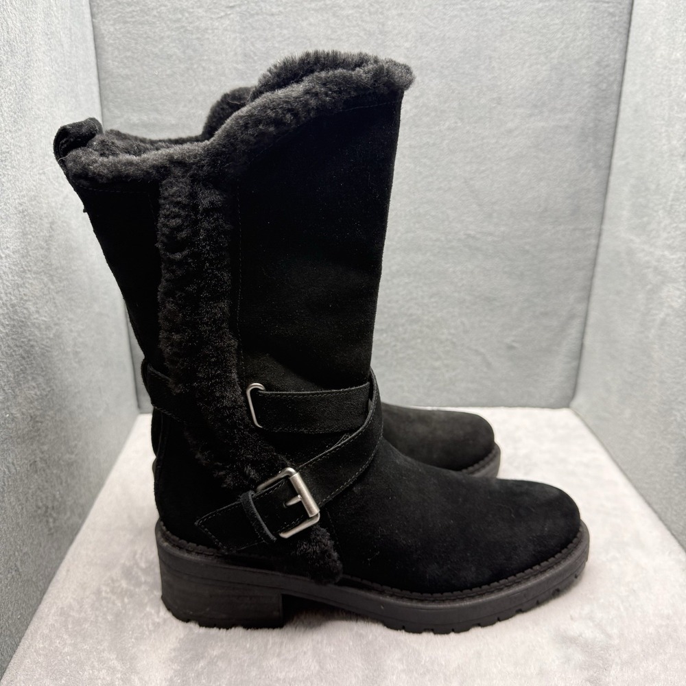 Sam Edelman Jailyn Boots Women 6.5 Black Suede Faux Fur Lined Moto Buckle